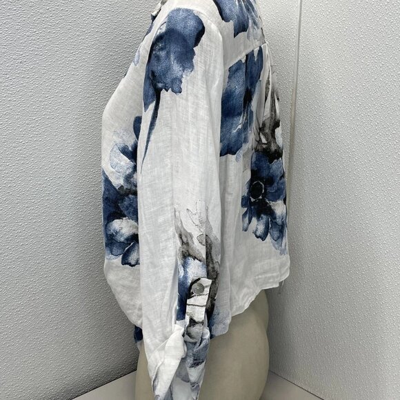 100% Lino Women’s Cropped Floral Print Linen Blouse One Size White/Blue - Picture 3 of 7
